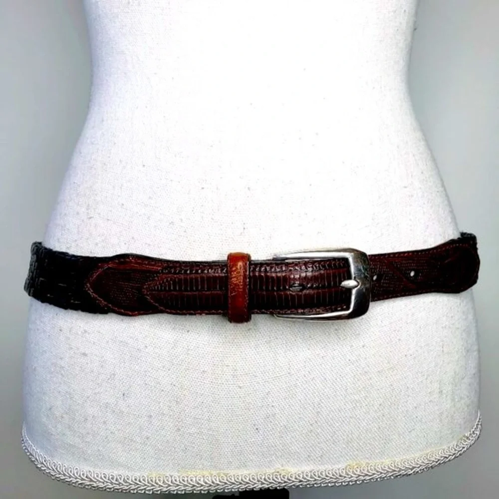 Brighton Cross Woven Distressed Buckle Belt Womens Croc Embossed Panel 38
